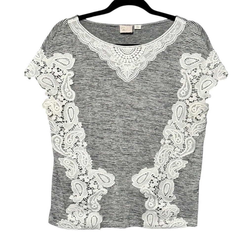 Postmark | Anthropologie Striped Crochet Lace Short Sleeve Lightweight Soft Top